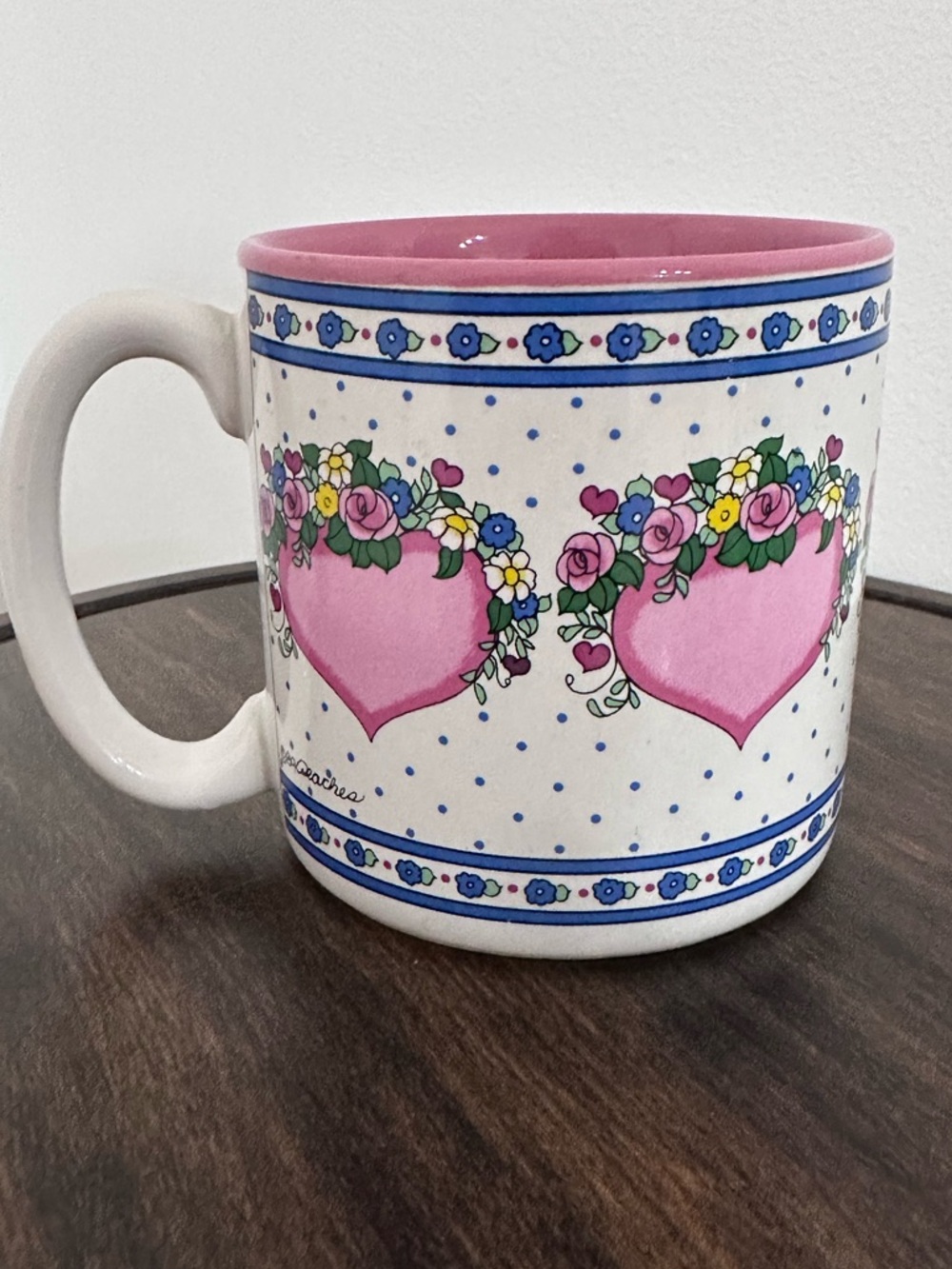 Vintage 1989 Peaches Floral Heart Coffee Mug Grandmacore Cottagecore Pink Blue - Picture 3 of 8